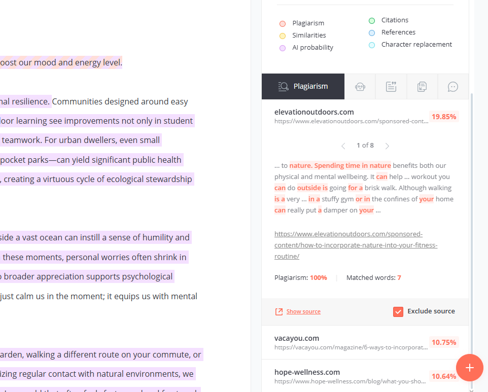 Apply filters to show only web sources, academic journals, or AI-detected text.