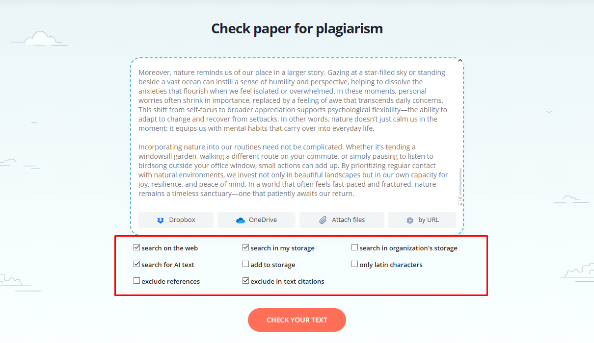 In the options panel, check both “Web & Academic Sources” and “AI-Generated Content Detection.”